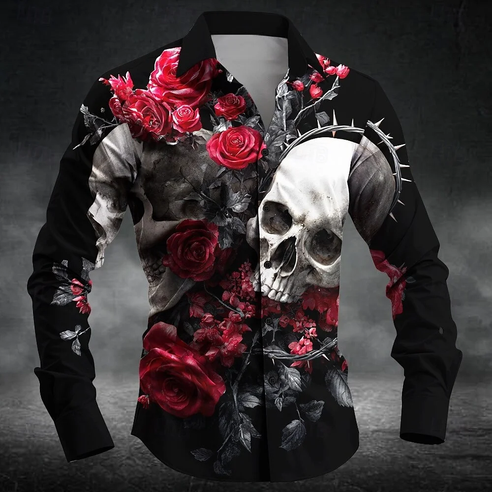 

New men's long-sleeved 3D printed rose-themed creative fashion collar shirt with loose buttons - a relaxed autumn shirt