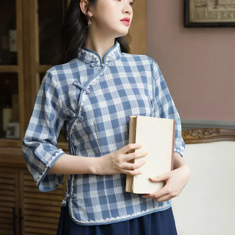 

Women's Vintage Chinese Style Plaid Cheongsam Top Mandarin Collar Frog Button 3/4 Sleeve Blouse
