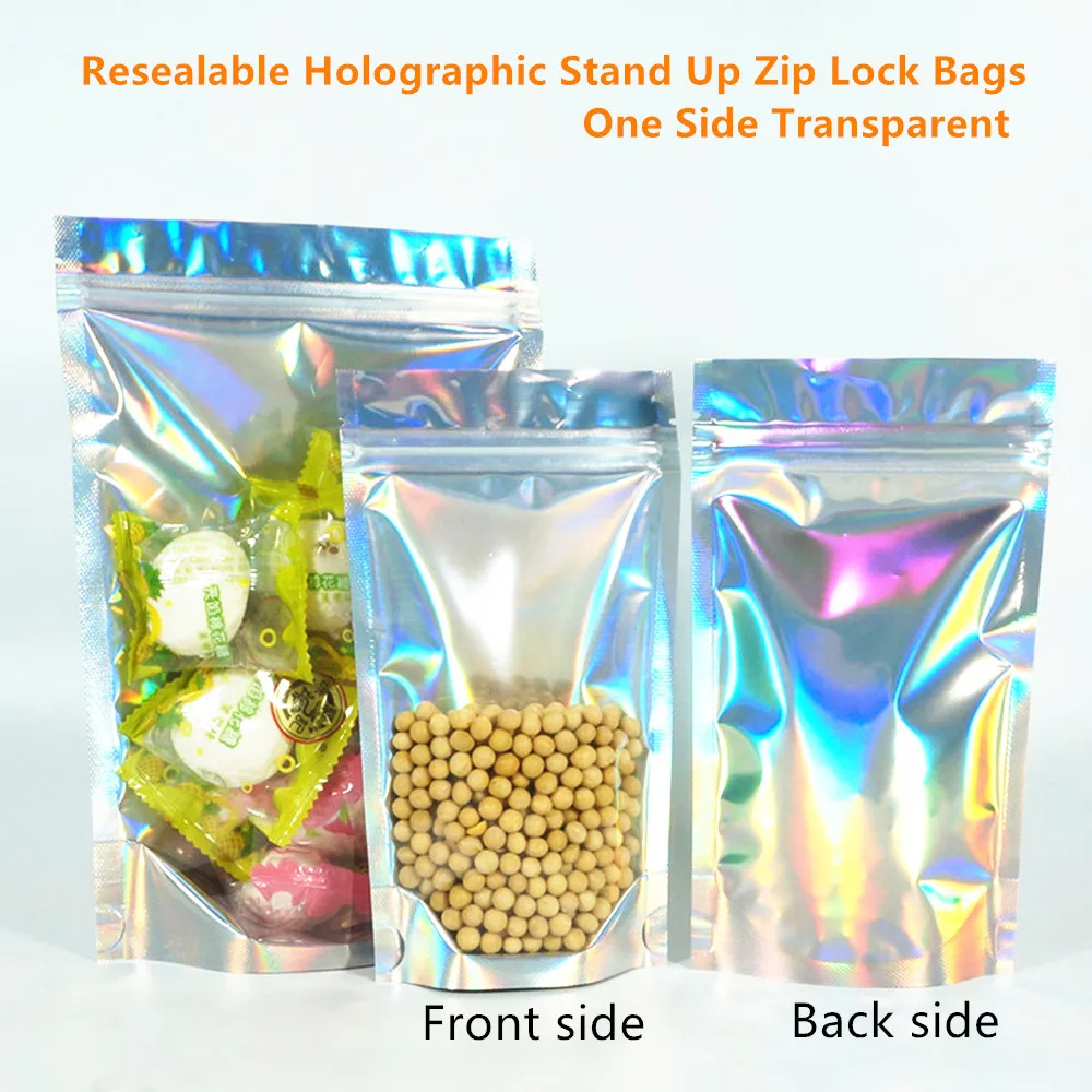 

100pcs One Side Transparent Holographic Stand Up Self-Sealing Bags, Resealable Shiny Rainbow Metallic Foil Pouch Snacks Package