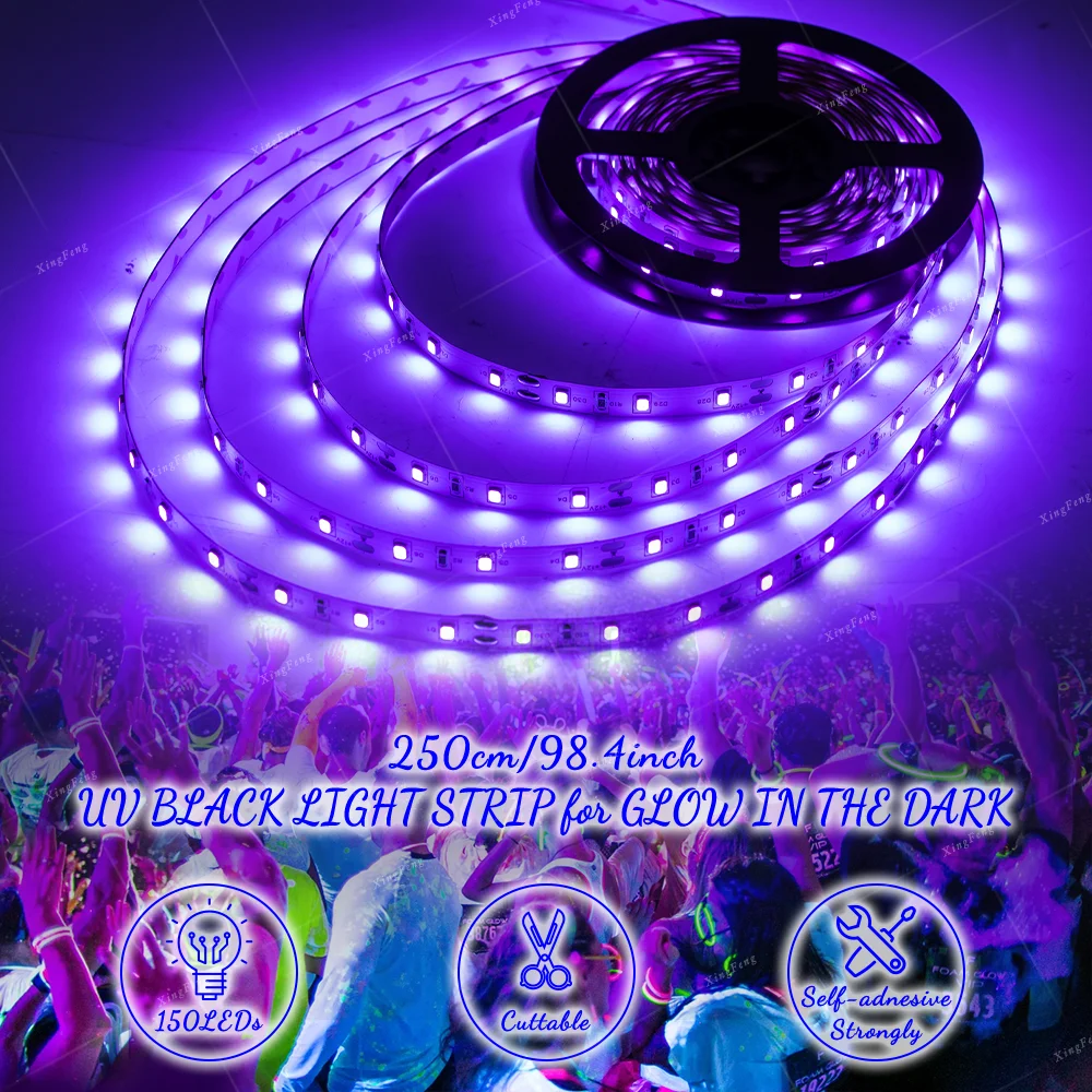 250cm USB 블랙 라이트 스트립 5피스 LED 블랙 라이트(배터리 박스 포함) 형광 파티 할로윈 크리스마스 생일 파티 세트