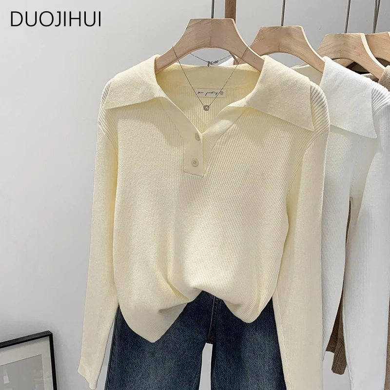 DUOJIHUI Basic Long Sleeve Chic Polo Neck Women Pullovers Autumn New Knitted Solid Color Fashion Simple Casual Female Pullovers