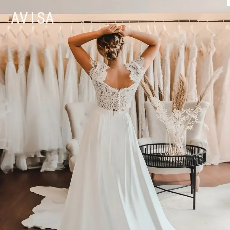 Vestidos de casamento para mulheres, apliques de renda, vestido de noiva, trem de varredura personalizado, zíper moderno, 2 peças