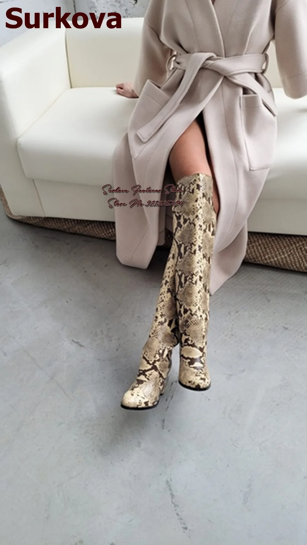 Surkova Sexy Beige Snakeskin Chunky Heel Knee Boots Lady Python Printed Elastic Band Tall Boots Fall Winter Folded Dress Shoes