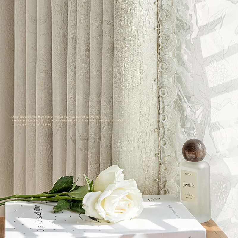 

French Blackout Curtains for Living Dining Room Bedroom Embossed Lace Light Luxury Floating Window Thickened