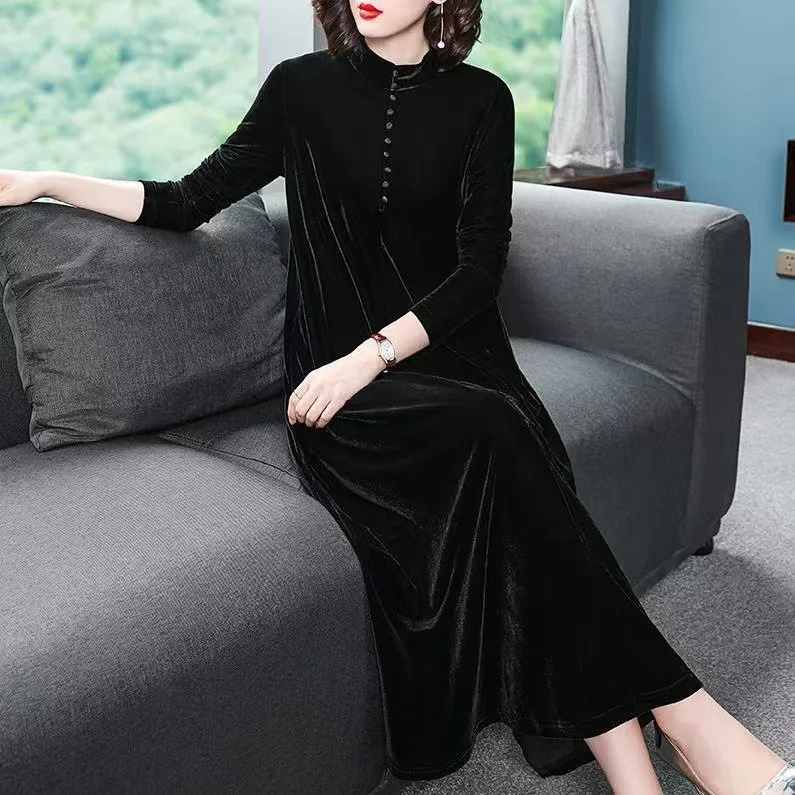 Fdfklak Gold Velvet Nightdress Women Spring Autumn 2023 New Temperament Feminine Long Dress Middle-Aged Mother Nightgowns M-4XL