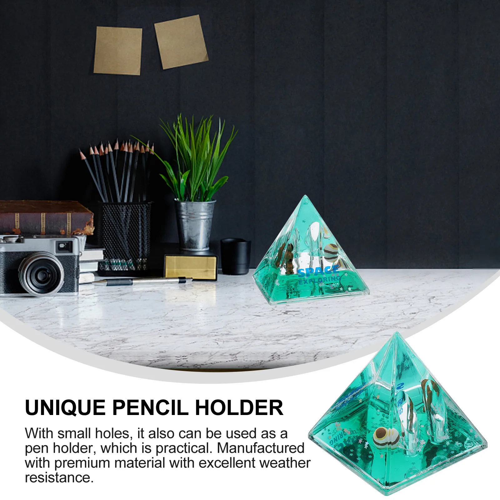 1Pcs Acrylic Triangle Pyramid Desk Pen Holder Floating Liquid Exquisite Office Decoration Dreamy Tabletop Ornament