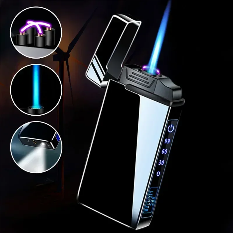 Power Display USB Charge Plasma Butane Gas Lighter With Flashlight 3in1 Jet Lighter Metal Windproof Flameless Electric Lighter