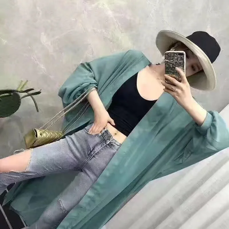 

Ladies Summer Thin Medium Length Ice Silk Open Cardigan Outerwear Beach Sun Protection Cover up Avocado een Chiffon Sunscre...