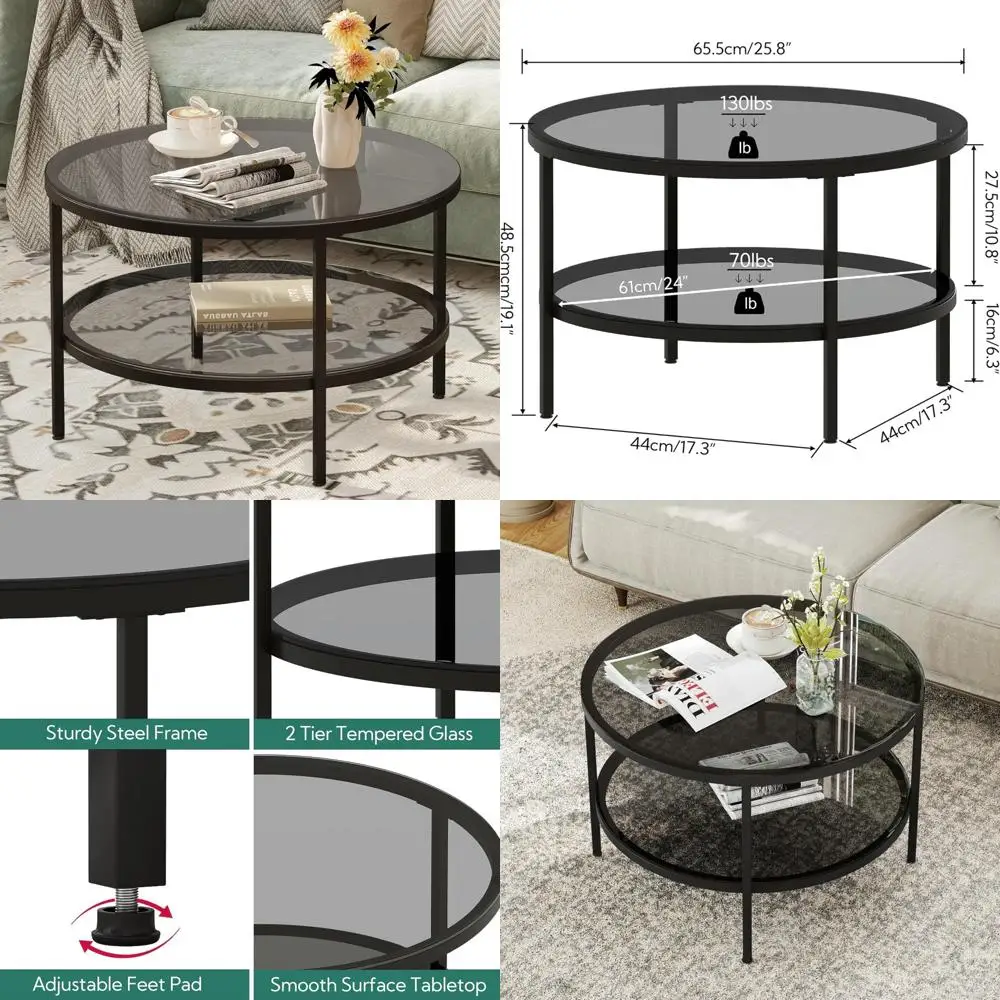 

Modern 2-Tier Glass Coffee Table with Storage for Living Room, Round Accent Table Centerpiece with Contemporary Design