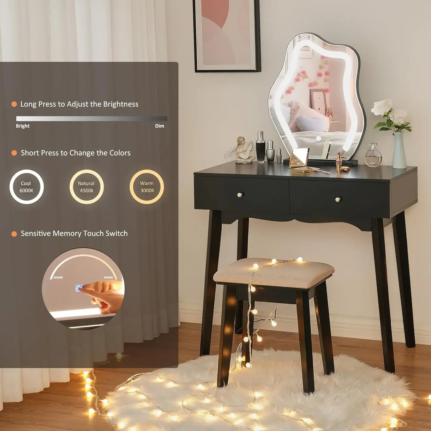 Makeup Vanity Desk Vanity Set with LED Lighted Mirror Makeup Vanity Table Set 3 Colors Modes Dimming Cushioned Stool Large