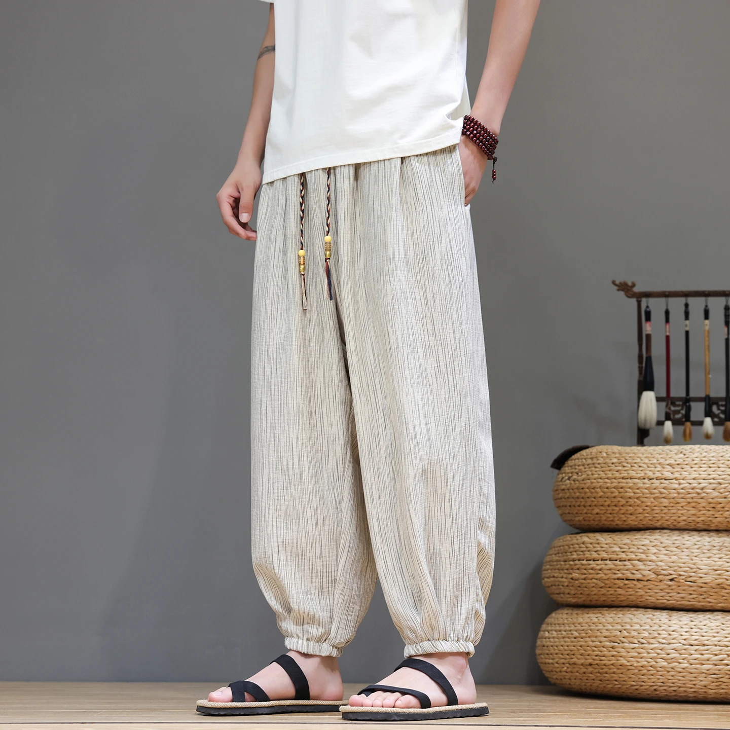 Calças Cargo Baggy Estilo Yamamoto para Homens, Calças Tradicionais de Perna Larga 6XL, Vintage, Verão, Seda de Gelo, Respirável, Calças Masculinas
