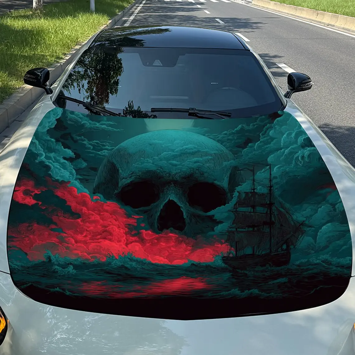 

Skull Angry Sea and Red Moon Secret Voyage Car Vinyl Wrap, PVC Material Waterproof Car Hood Sticker, Self-Adhesive Scratch-Resis