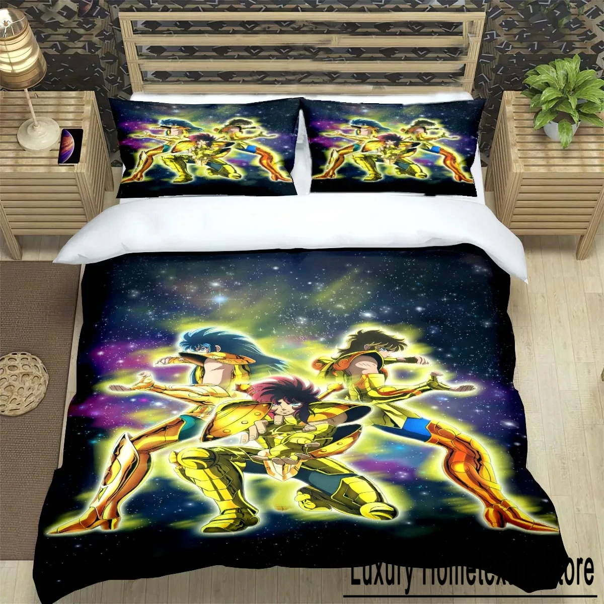 Saint Seiya 3D Bedding Set Black Duvet Quilt Cover Set Comforter Cover Pillowcase King Queen Size Polyester Quilt Cover