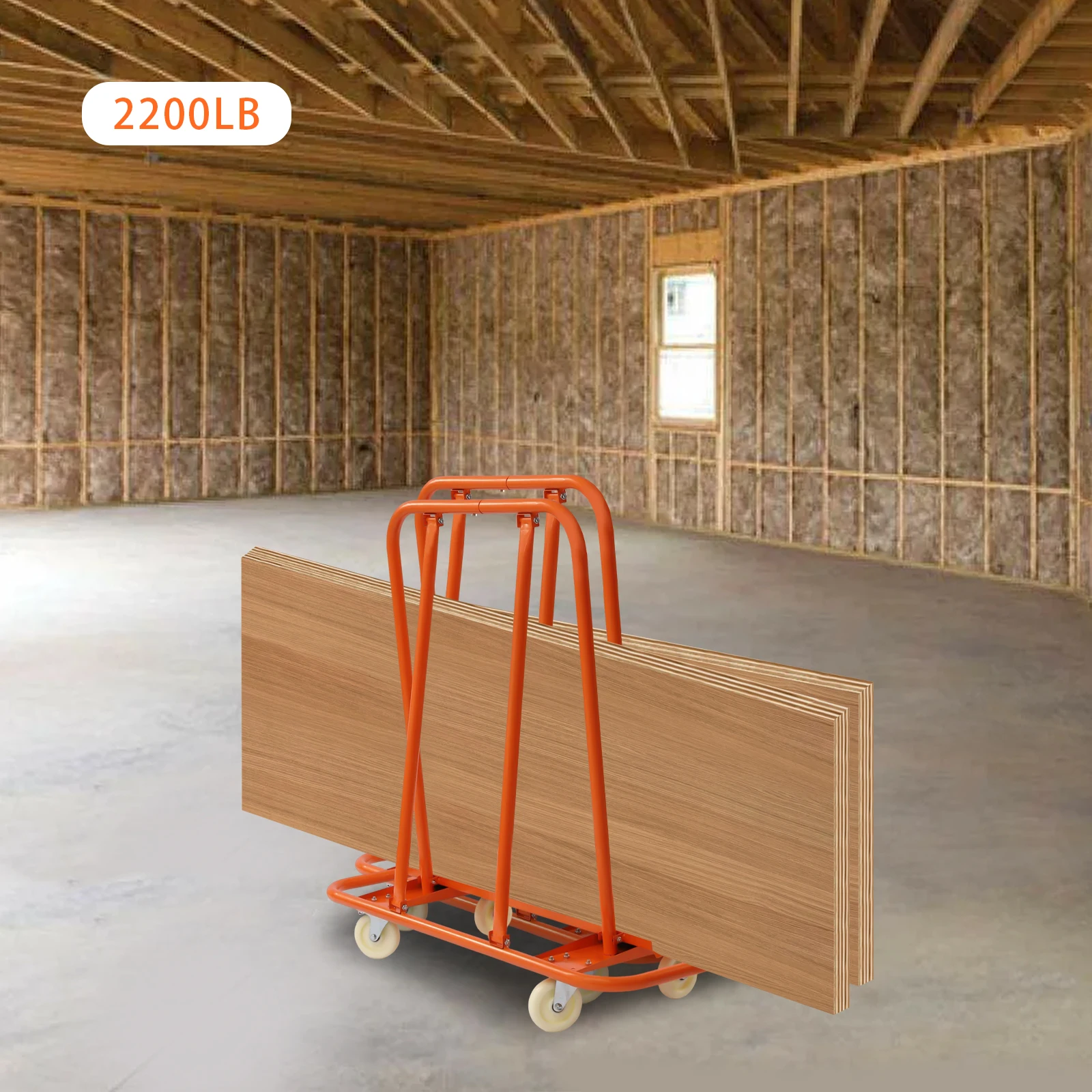 2200lbs Drywall Cart Q235 Steel Orange Heavy Duty Plasterboard Trolley with Four Wheels Practical Deck Orange Appearance