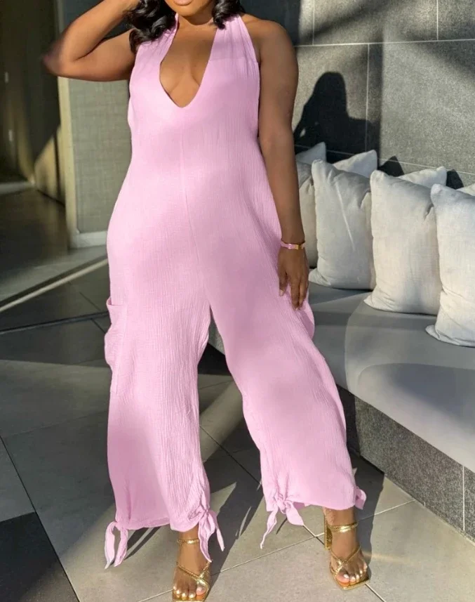 CPSYMYM Jumpsuit ผู้หญิงฤดูร้อน Halter Backless ผูกรายละเอียดการออกแบบกระเป๋าสบายๆแขนกุดทุกวันขากว้าง Jumpsuit