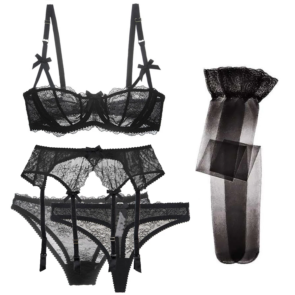 Sexy Lace Bra Set 5 pcs with Garter and Stockings