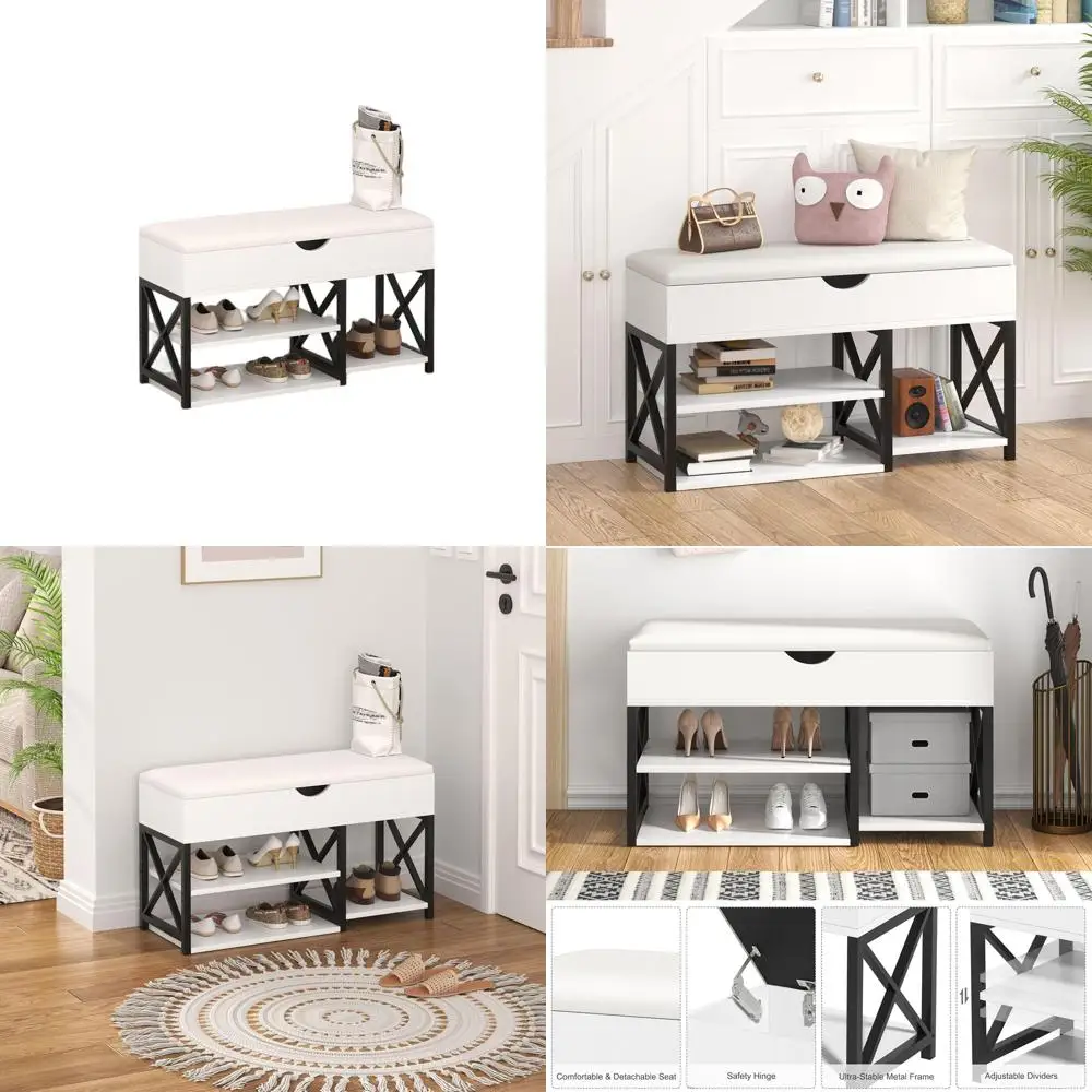 

Multi-Purpose White Shoe Storage Bench with 3-Tier Rack and Cushioned Seat for Entryway