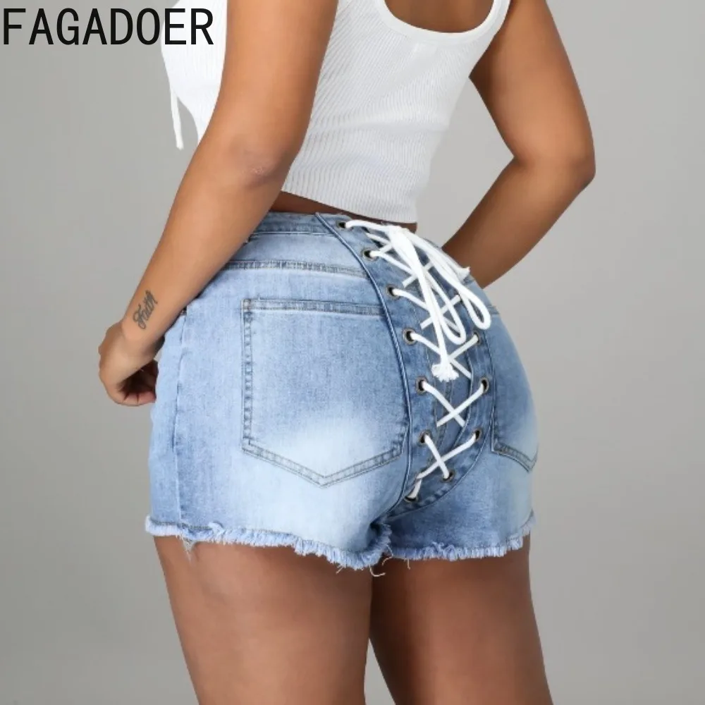 

FAGADOER Fashion Bandage Denim Shorts Women High Waisted Button Pocket Slim Jean Summer New Female Matching Cowboy Bottoms 2024