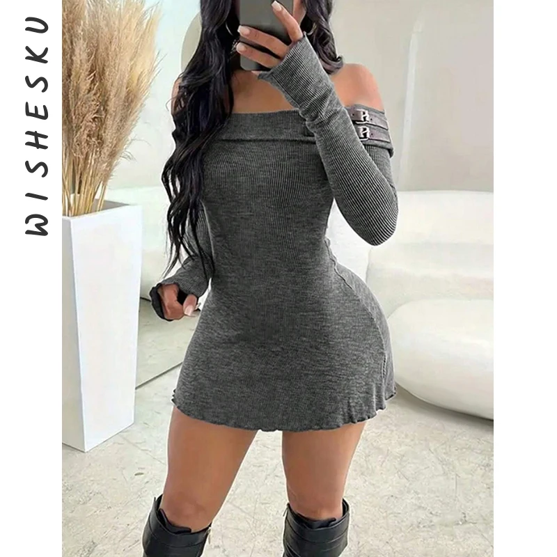 

Sexy Slash Neck Knitted Bodycon Mini Dress Women Off Shoulder Slim Fit Dress Solid Streetwear Pullover Dresses Women 2024 Fall