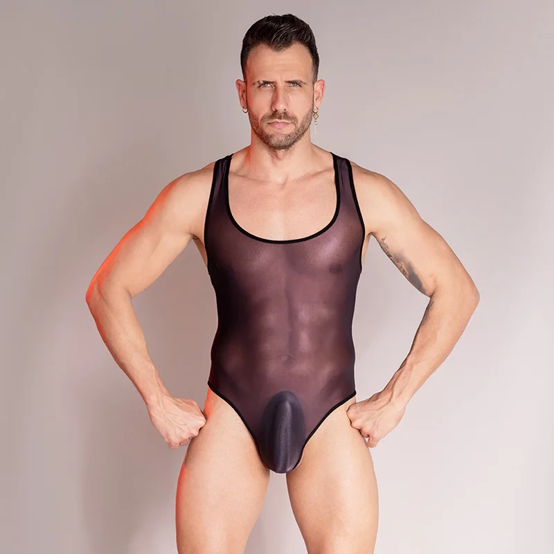 Sexy Bodysuit Oil Glossy Sheer Bodysuit Men Sleeveless See Through Jumpsuit Playsuit Male Undershirt Adult XXX Sex Porno Costume