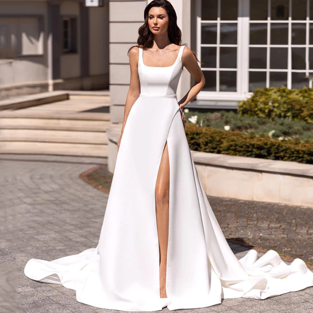 Simple Square Neck Wedding Dress White Satin Sexy Side Slit Bride Abiti Da Sposa Bow Embellished Customizable Bridal Gowns