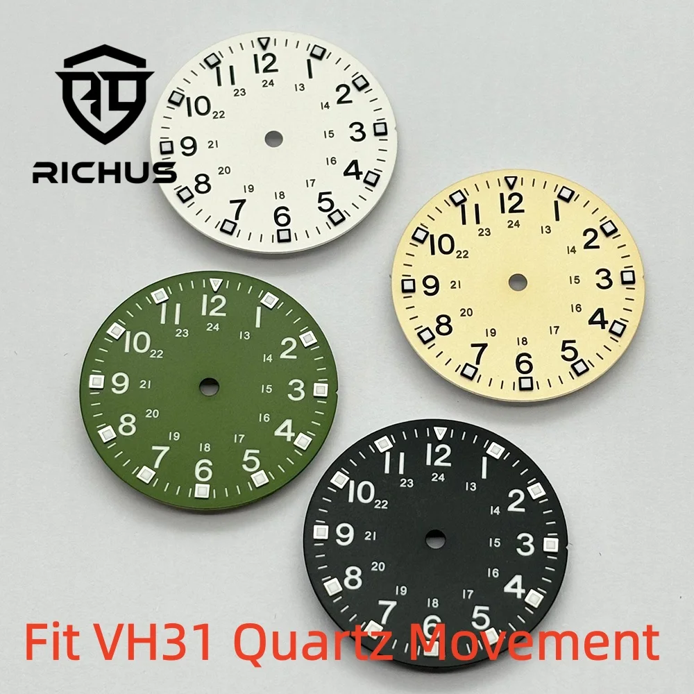RICHUS Fit VH31 Quartz Movement 28.6mm White Sterile 24H Multi‑Color Watch Dial With Watch Hand Green Luminous Watch accessories