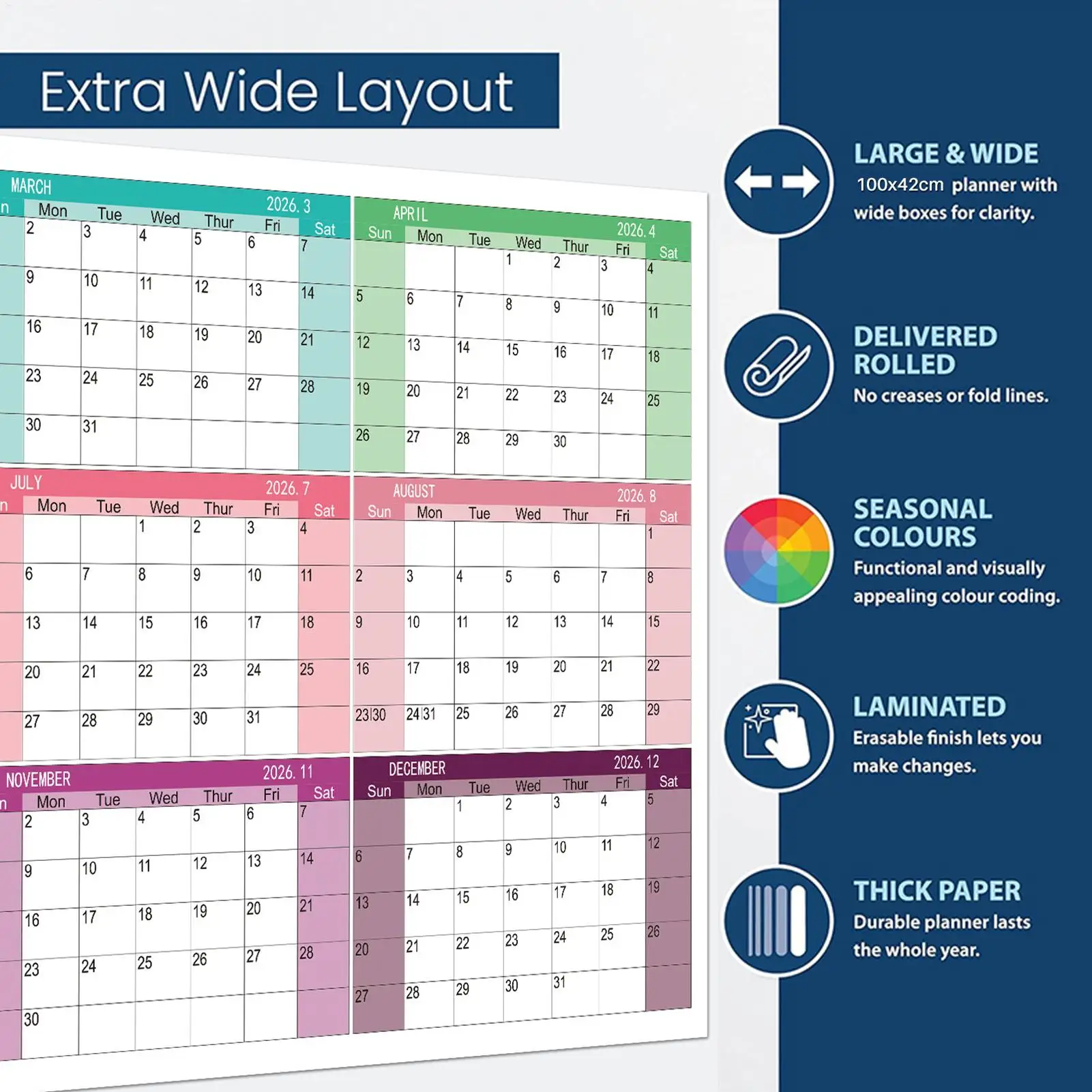 تقويم حائط إنجليزي لعام 2026، مخطط جداري جاف للمسح، مخطط جدول الأعمال، ورق سميك، السنة الجديدة، تقويم كبير لمكتب المدرسة المنزلية