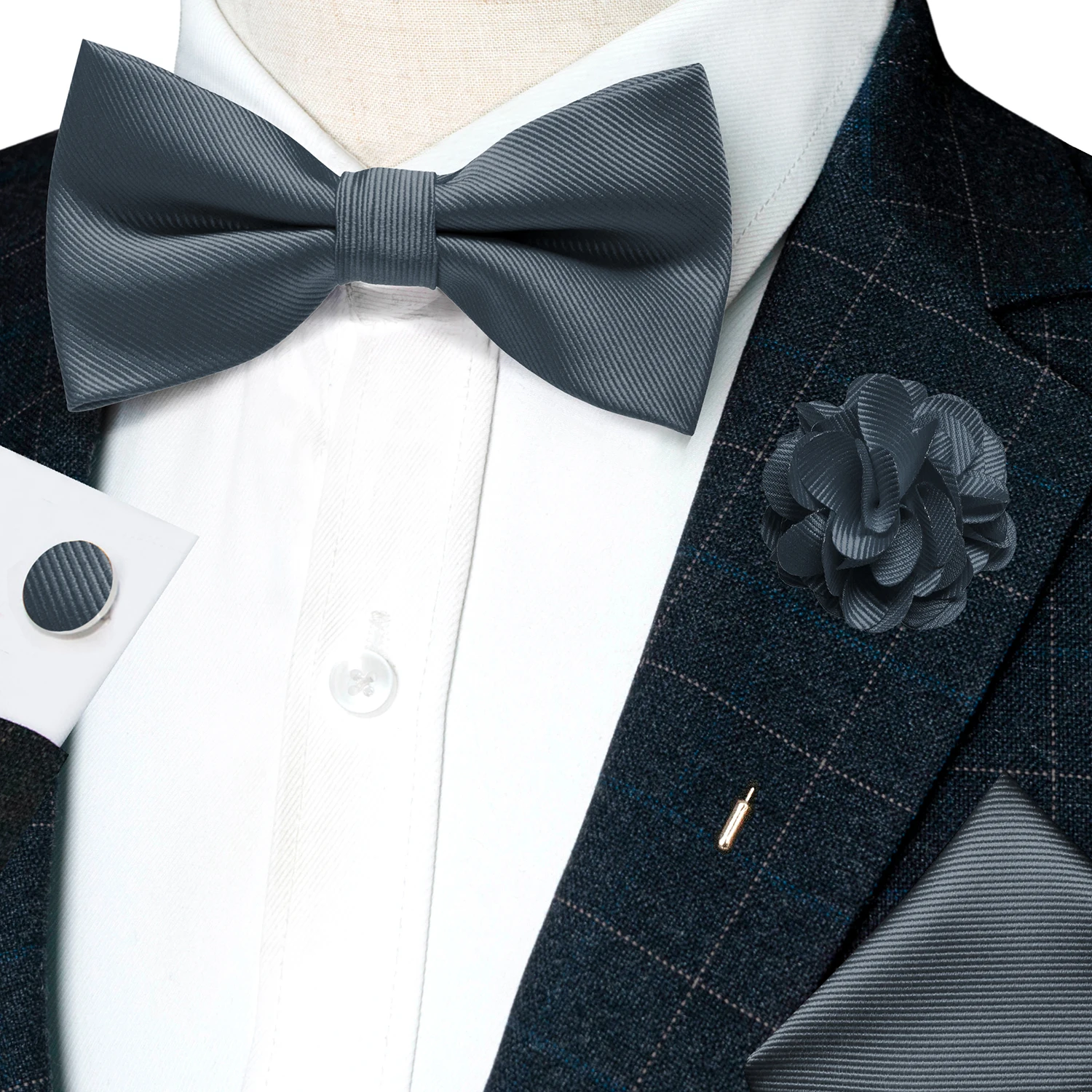Hochzeits-Fliege für Herren, einfarbig rosa, vorgebundene Fliege, Einstecktuch, Manschettenknöpfe, Corsage-Set, Party, Business, Seiden-Schmetterlingsknoten, Geschenk – Detail 26