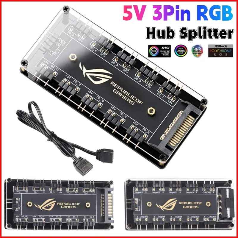 5V 3Pin ARGB Hub Splitter SATA Power Extension Cable Adapter PC RGB Fan Cooler Splitter for ASUS/MSI/GIGABYTE/ASRock Motherboard