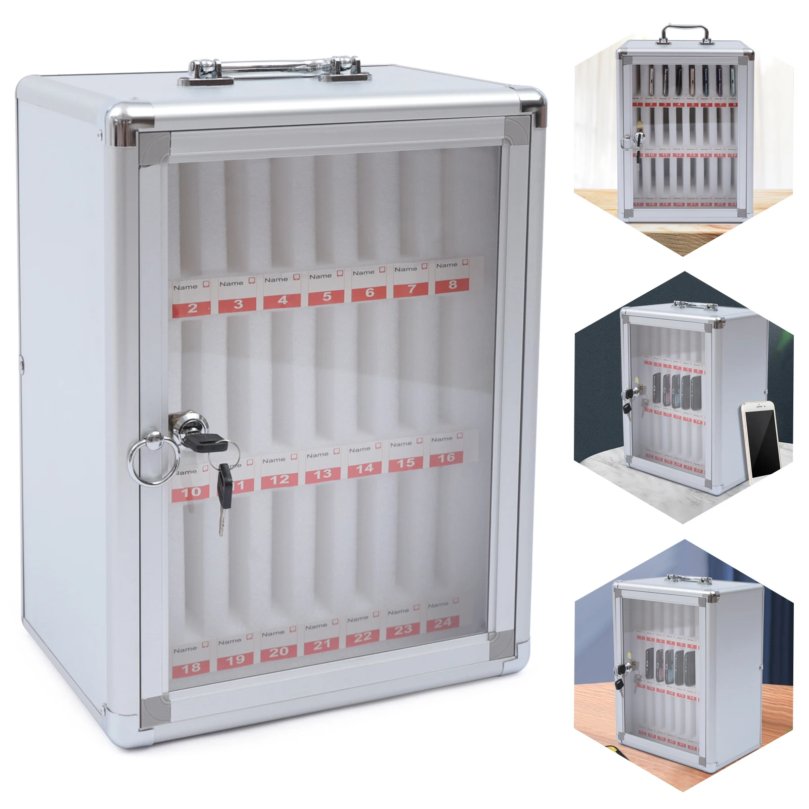 Cell Phones Storage Cabinet with 24 Compartments, Transparent Acrylic Panel, Secure Lock, Soft Pearl Cotton Protection,