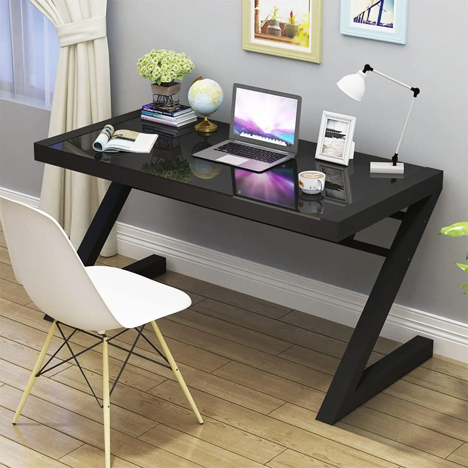 Stylish Contemporary Glass Computer Desk USB Port Spacious Workstation Home Office Laptop Table Multipurpose Dining Table