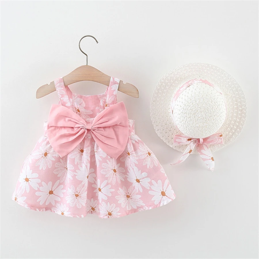 Daisy Flower Printed Bow Dress for Toddler Beach Vacation Style Dress Baby Girl Summer Clothes Send Hat