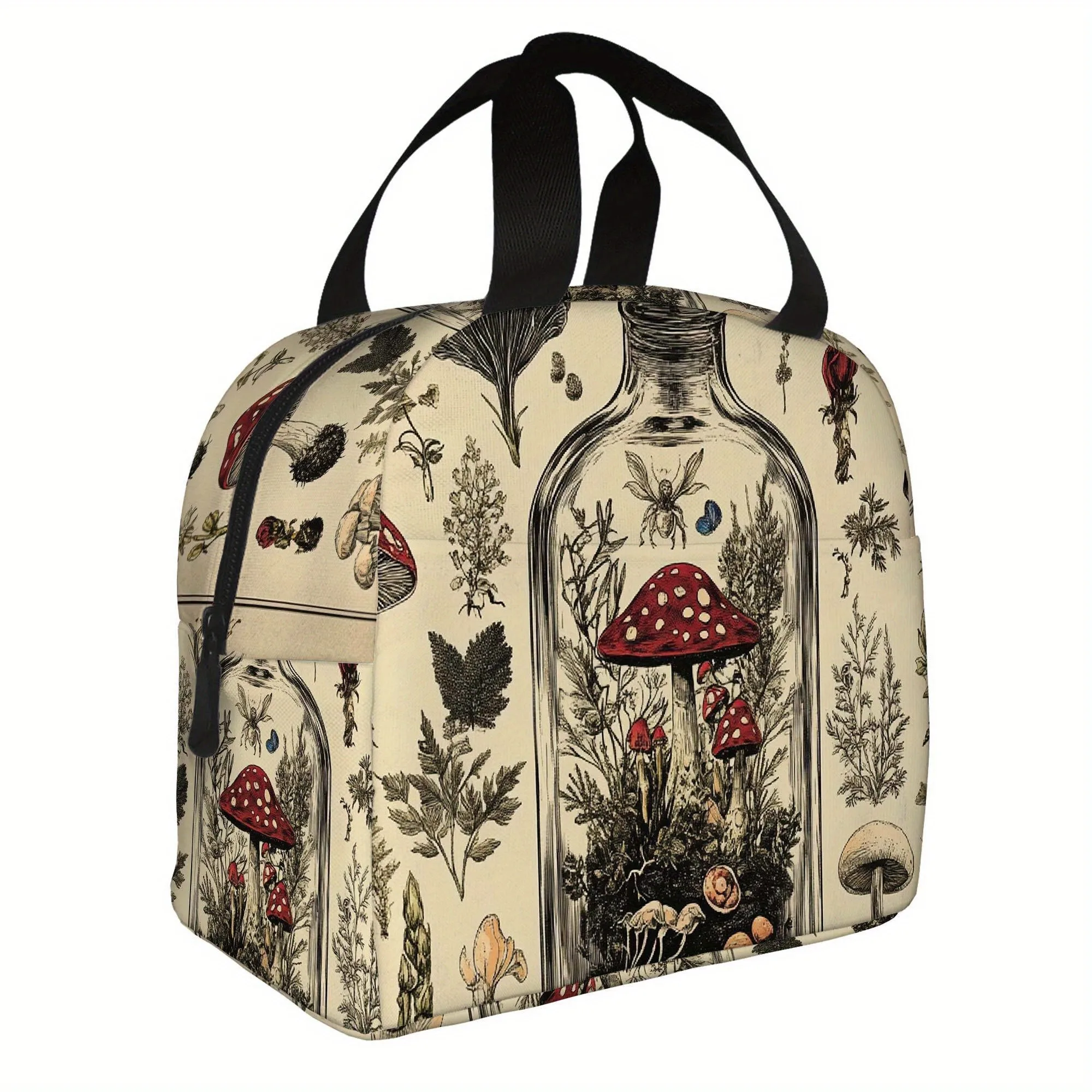 Mushrooms Plants Insects in Bottle Print Insulated Thermal Bag Portable Reusable Oxford Fabric Bag
