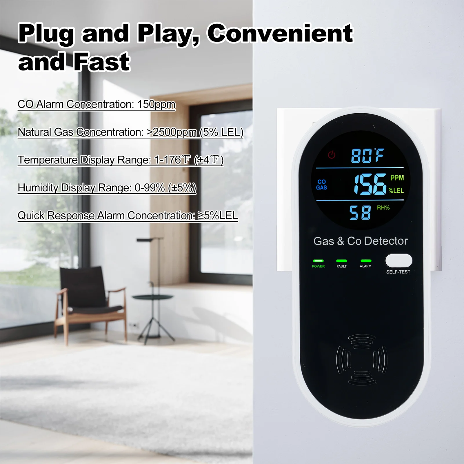 Carbon Monoxide & Natural Gas Combination Detector Plug in Wall Detectors CO & Natural Gas 4 in 1 CO Monitor Alarm with LCD Disp