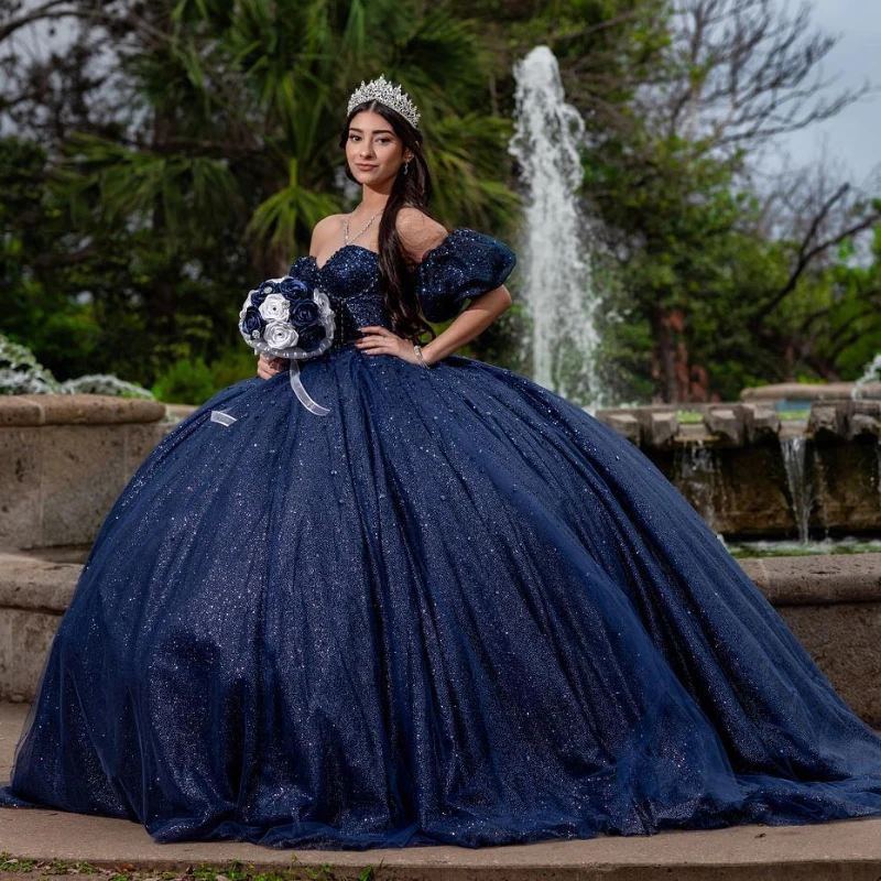 Navy Blue Off Shoulder Pleat Ball Gown Quinceanera Dress Glitter Crystal Beading Tull Sweet 16 Vestidos De 15 Años