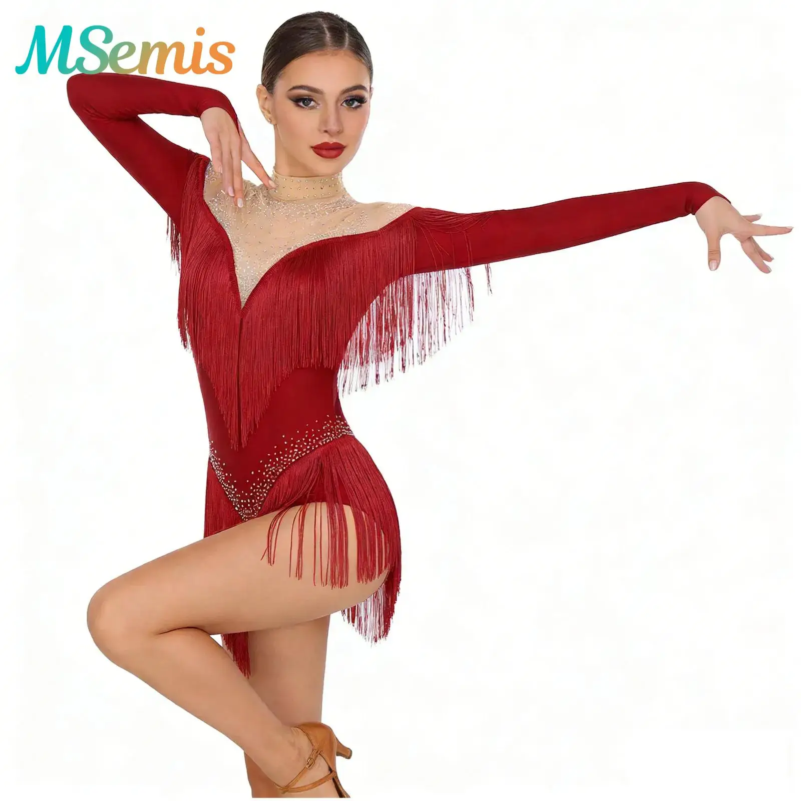 

Womens Shiny Rhinestones Tassel Latin Dance Leotard Bodysuit Fringe Stage Performance Costume Figure Skating Stage Dance Outfit
