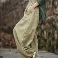 Elegant Women's Cotton Linen Baggy Cargo y2k Pants Vintage Elastic Waist Trousers Loose Casual Long Wide Leg Oversize Clothes - Image 2