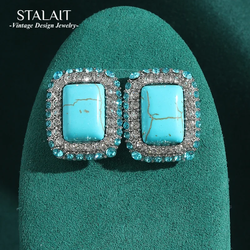 

Vintage Wedding Natural Stone Square Blue Earrings Stud Luxury Rhinestones Antique Woman Outfits Accessories Jewelry New 2025
