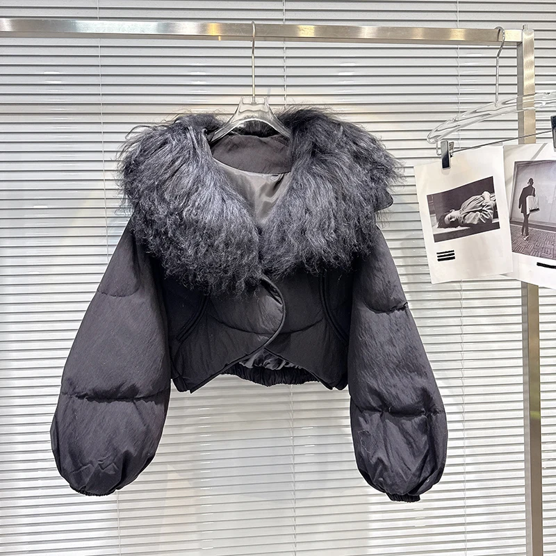 Winter Short Cotton Lamb Wool Collar Down Jacket Female Loose Warm Button Jackets Women Fashion White Duck Down Parker Outwears