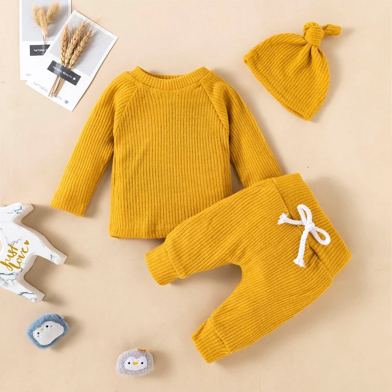 Children\'s Knitting Solid Color Long Sleeve Top Sweatshirt Hat Baby Girl Boy Pants Toddle Three-piece Suits Outfits