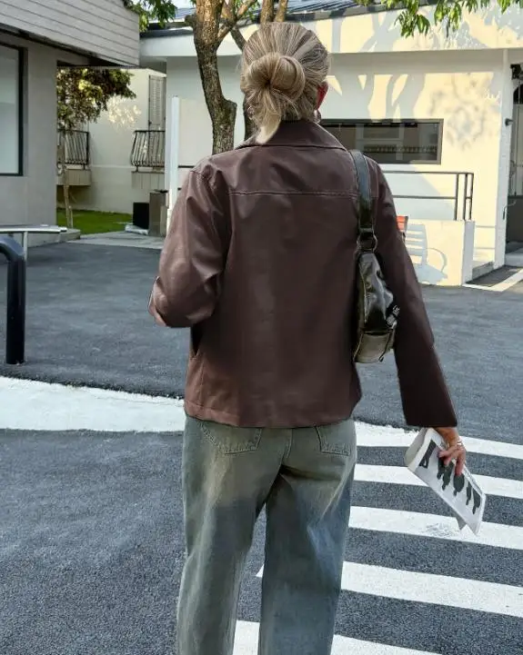 2025 Autumn/Winter New Women's Fashion Casual Retro Long Sleeve Leather Jacket Women's Wear