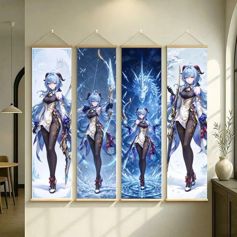 Hanging Scroll Wall Art of Genshin Impact Ganyu with Pale Blue Ice Motifs on Silver Shimmer Canvas for an Anime Bedroom
