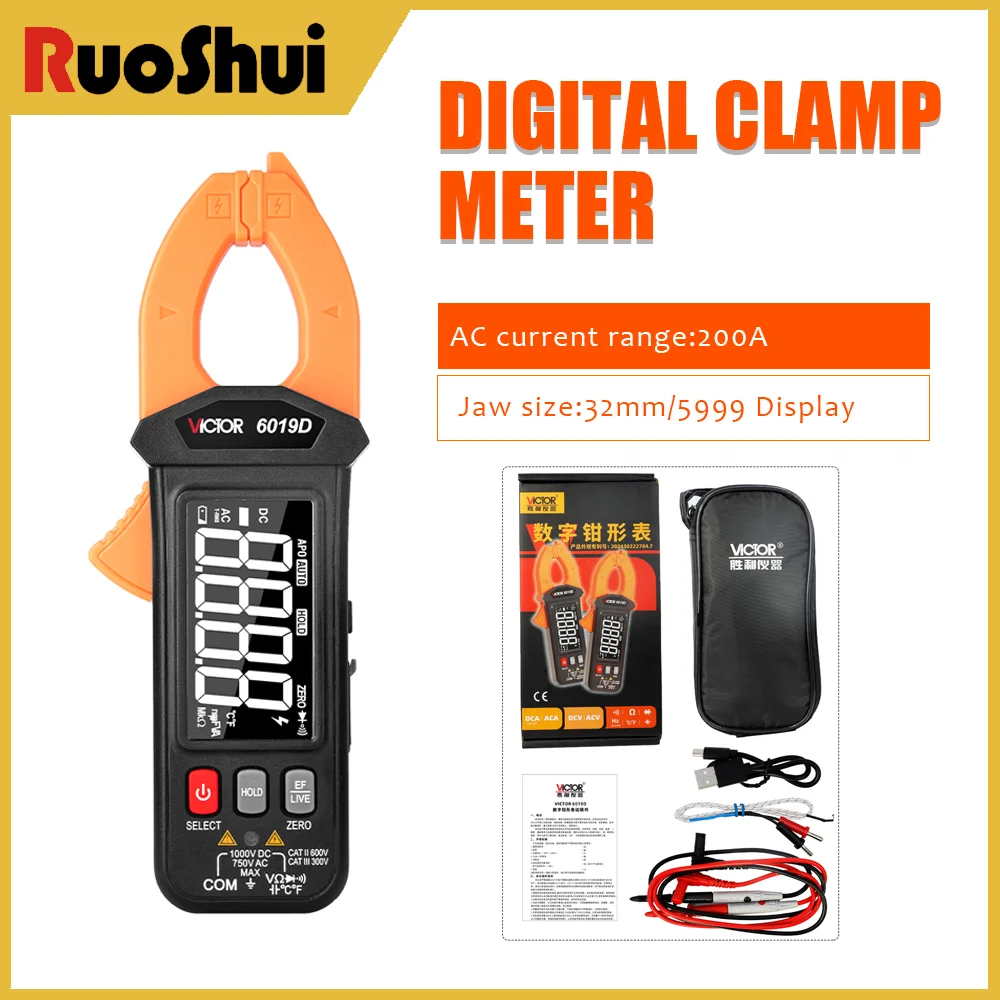 

Victor 6019D/E Digital Clamp Meter 200A 5999 Display NCV High-Precision Current Measuring Tester Dual Integration A/D Conversion