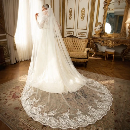 Imagen 2 del producto Velo de novia largo con peine, bordado de encaje, longitud de catedral, velo de novia suave de 1 nivel, encaje suizo, accesorios de alta calidad G39