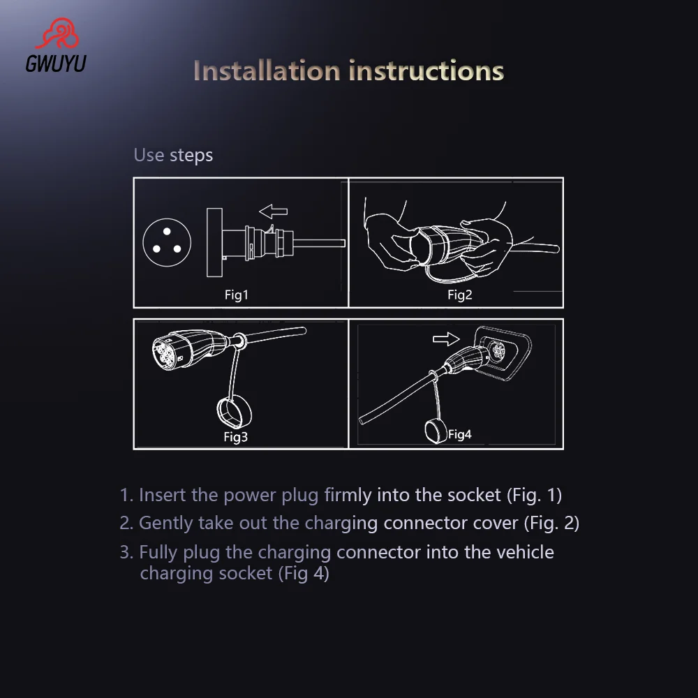 GWUYU-Carregador EV portátil para veículos elétricos, Carregador de carro, Cabo 3.5m, 3.5kW, 16A, 7.6kW, Luz indicadora 32A, Cabo para viagem ao ar