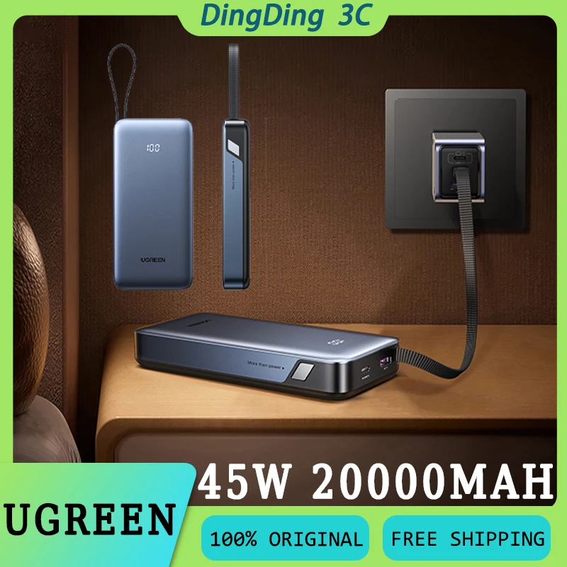 

UGREEN 45 Вт 20000 мАч Power Bank с кабелем Type-C Быстрая вспышка Зарядка Большая емкость Легкий портативный Power Bank Custom PB536