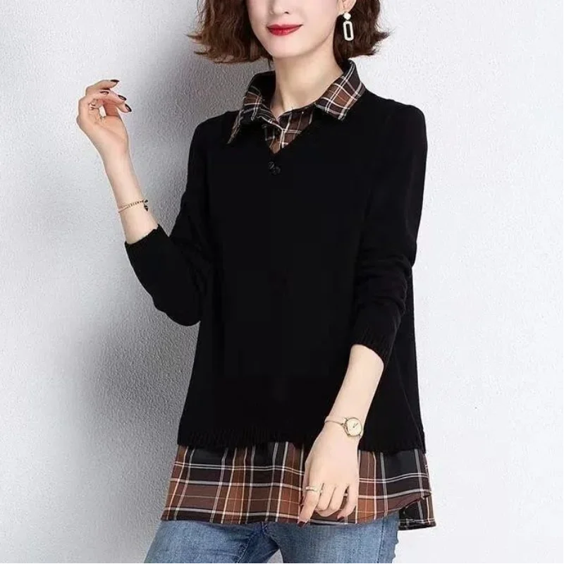 Trendy and Versatile Women's Top 2023 Autumn and Winter New Korean Version Button POLO Collar Long Sleeve Solid Color Pullover