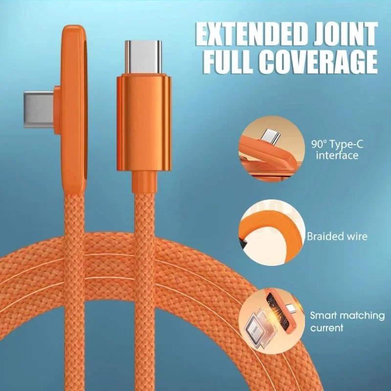 45W Type-C Fast Charging Cable with 90-Degree Elbow, Braided Data Cable Compatible with iPhone, Samsung, and Xiaomi
