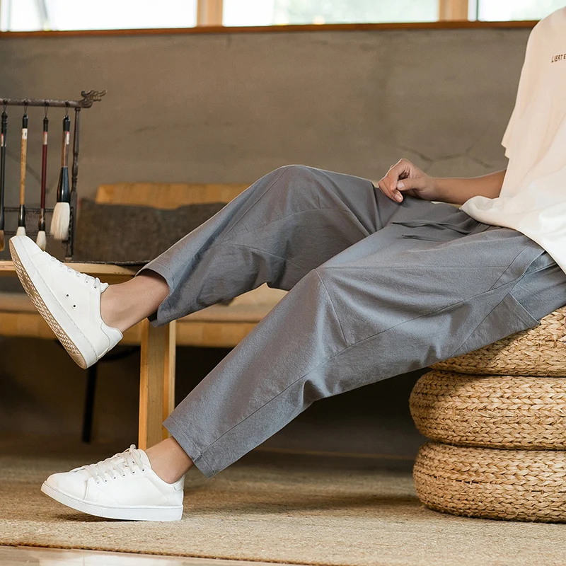 Vintage Pantalon Wide Leg Hombre Mens Cotton Linen Cropped Pants Japanese Style Solid Color Male Casual Calf-Lenght Trousers 5XL