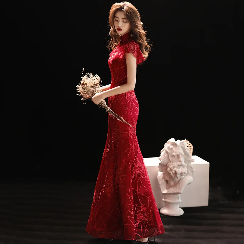 Mandarin Collar Women Qipao Burgundy Red Bridal Wedding Mermaid Dress Slim Elegant Cheongsam Vintage Button Maxi Dress